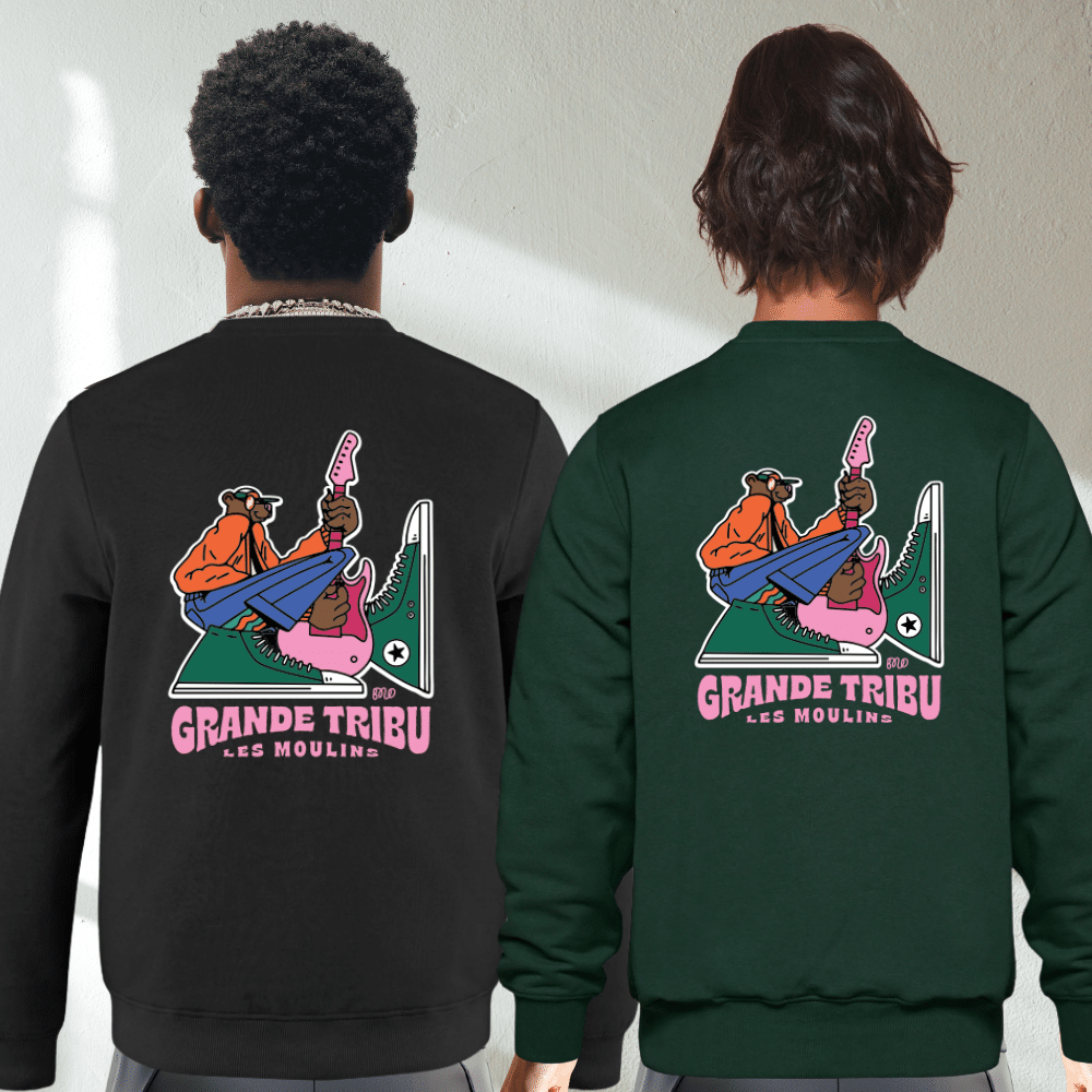 Crewneck du festival Grande Tribu, homme et femme de dos